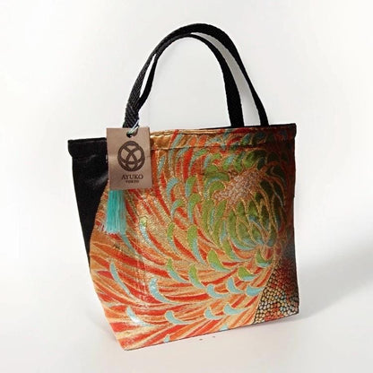 Rangiku 乱菊 Chrysanthemum Vintage Obi Silk Tote in Black Gold Orange Green — image 3