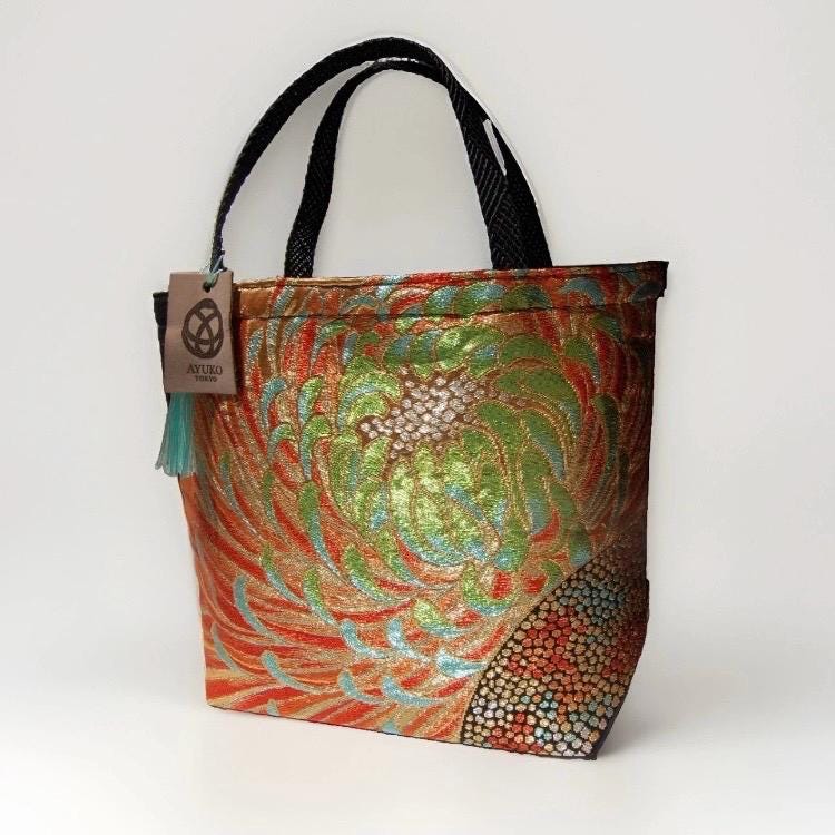 Rangiku 乱菊 Chrysanthemum Vintage Obi Silk Tote in Black Gold Orange Green — image 2