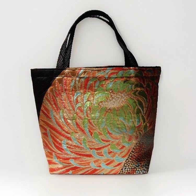 Rangiku 乱菊 Chrysanthemum Vintage Obi Silk Tote in Black Gold Orange Green — image 10