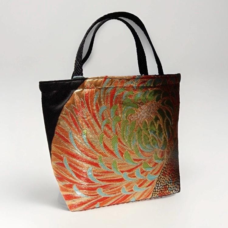 Rangiku 乱菊 Chrysanthemum Vintage Obi Silk Tote in Black Gold Orange Green — image 9
