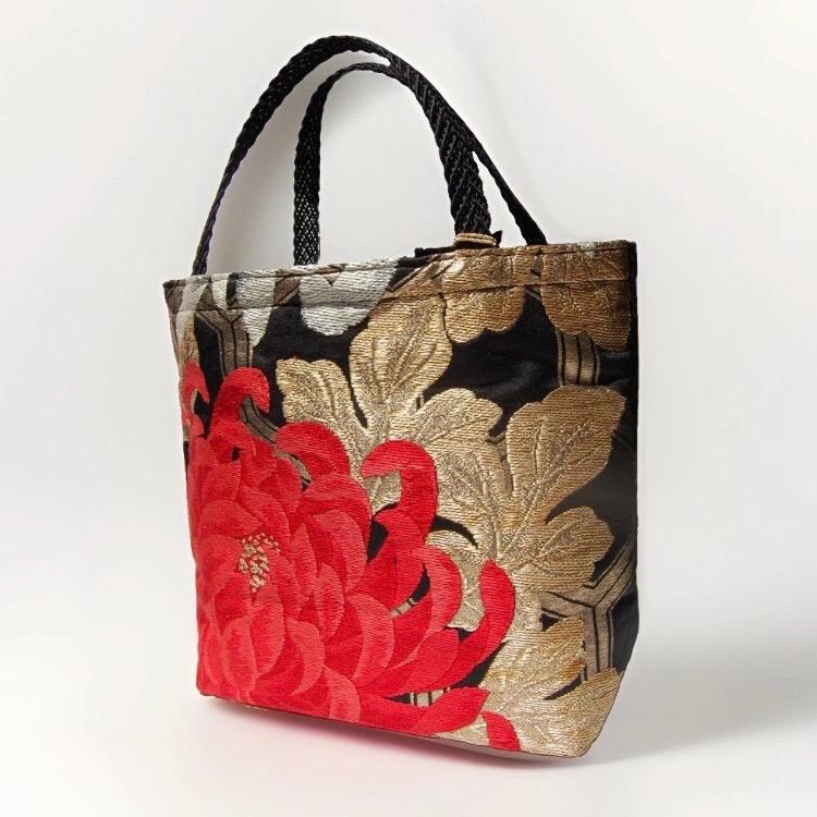 Two-Sided Rangiku 乱菊 Chrysanthemum & Kikkō Vintage Obi Silk Tote in Red White Black Gold — image 5