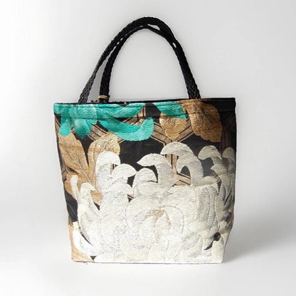 Two-Sided Rangiku 乱菊 Chrysanthemum & Kikkō Vintage Obi Silk Tote in Red White Black Gold — image 2