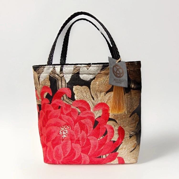 Two-Sided Rangiku 乱菊 Chrysanthemum & Kikkō Vintage Obi Silk Tote in Red White Black Gold