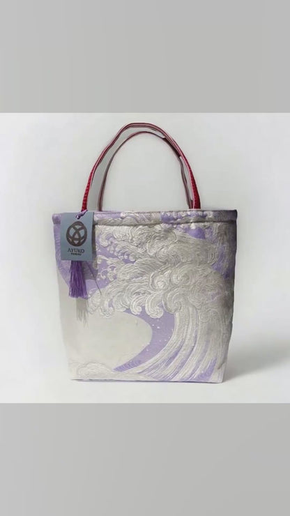 Vintage Fukuro Obi Mini Tote Bag — Silver Standing Wave on Lavender Silk