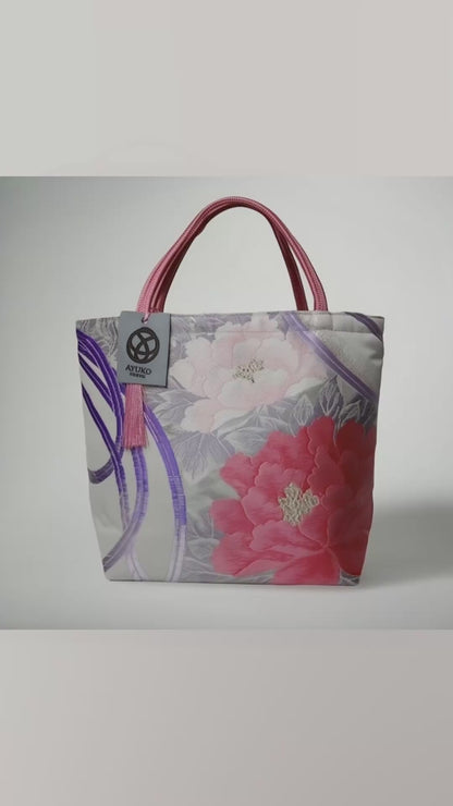 Vintage Fukuro Obi Mini Tote Bag — Peony & Peacock Feather on Silver Silk