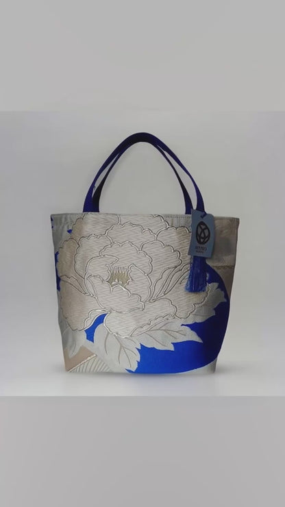 Vintage Silk Fukuro Obi Mini Tote Bag | Peony & Blue Fan Motif