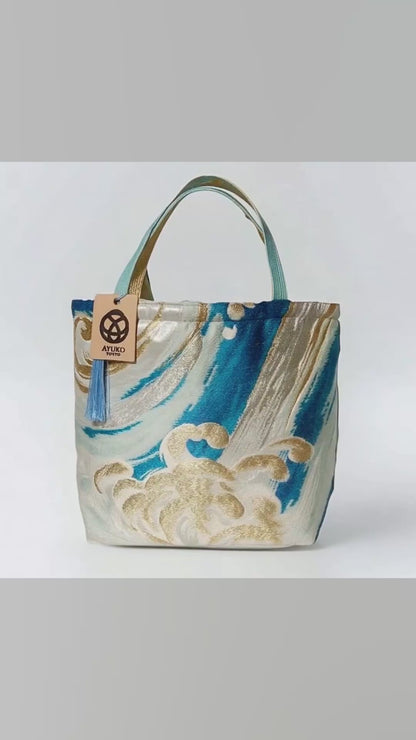 Vintage Fukuro Obi Mini Tote Bag — Turquoise & Gold Standing Wave on Silver Silk