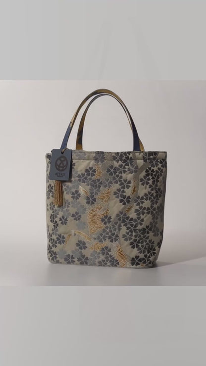 Vintage Fukuro Obi Mini Tote Bag — Gray-Blue Sakura on Ivory Silk