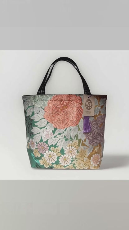 Vintage Fukuro Obi Mini Tote Bag — Peony in Gold & Matcha Green Silk