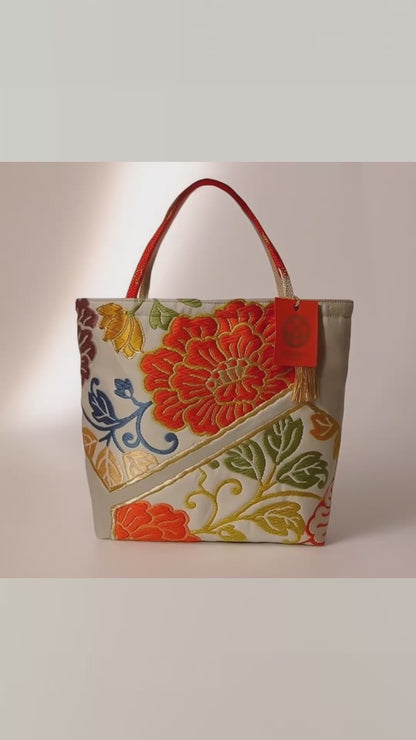 Vintage Fukuro Obi Mini Tote Bag — Orange Floral Motif on Silver Silk