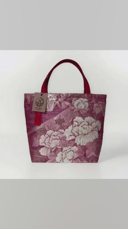 Vintage Fukuro Obi Mini Tote Bag – Burgundy Peony Silk Tote