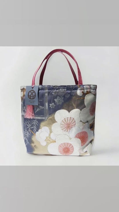 Vintage Fukuro Obi Mini Tote Bag — White & Pink Plum Blossom on Navy Silk