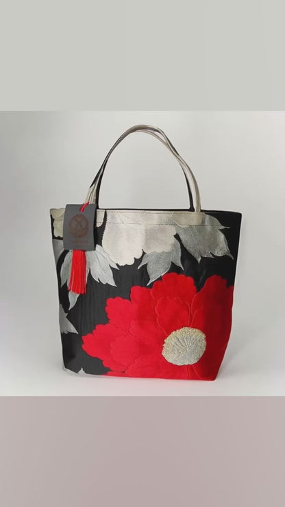 Vintage Fukuro Obi Mini Tote Bag — Red & Silver Peony on Black Silk