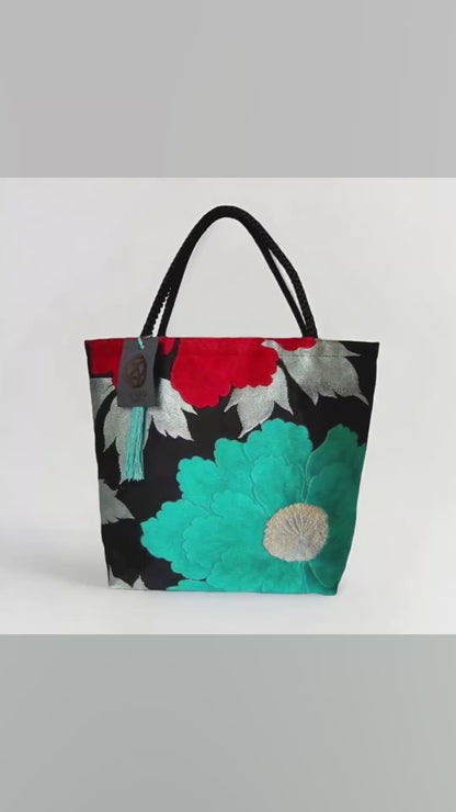 Vintage Fukuro Obi Mini Tote Bag — Mint & Silver Peony on Black Silk