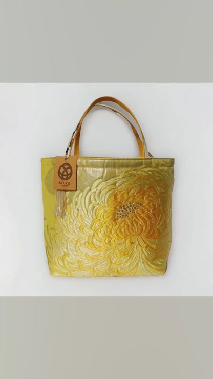 Rangiku 乱菊 Chrysanthemum Vintage Obi Silk Tote in Yellow Gold