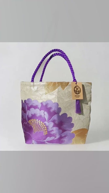 Vintage Fukuro Obi Mini Tote Bag — Purple Peony on Silver-Gold Silk