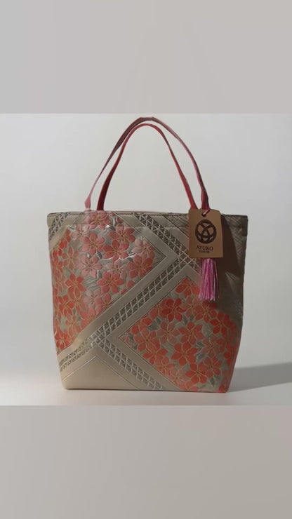 Vintage Fukuro Obi Mini Tote Bag — Pink Sakura on Silver Silk