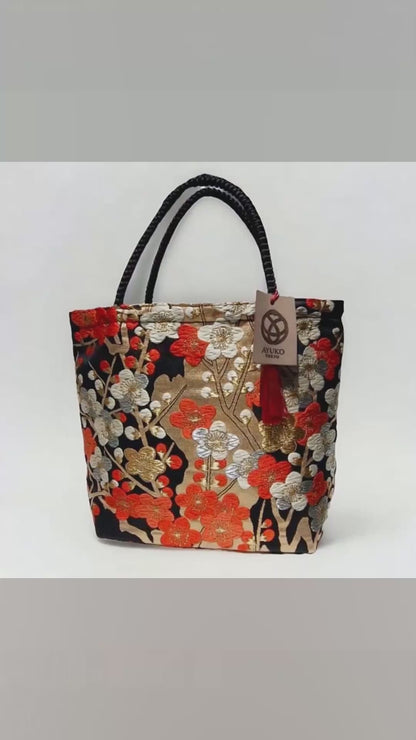 Vintage Fukuro Obi Mini Tote Bag — Vermilion & Silver Plum Blossom on Black Silk