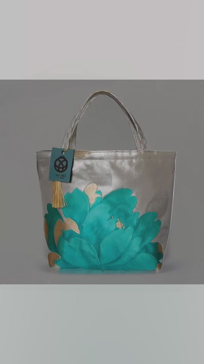 Vintage Fukuro Obi Mini Tote Bag — Emerald & Gold Peony on Silver Silk