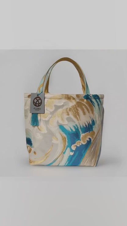 Vintage Nishijin Obi Mini Tote Bag — Turquoise & Gold Standing Wave on Silver Silk