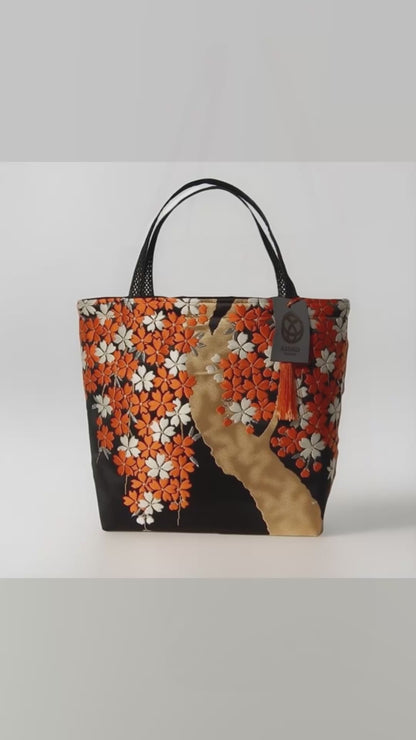 Vintage Fukuro Obi Mini Tote Bag — Vermilion Shidare-Zakura on Black Silk