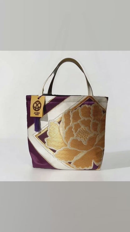 Vintage Fukuro Obi Mini Tote Bag — Gold Peony & Kikkō on Purple Silk