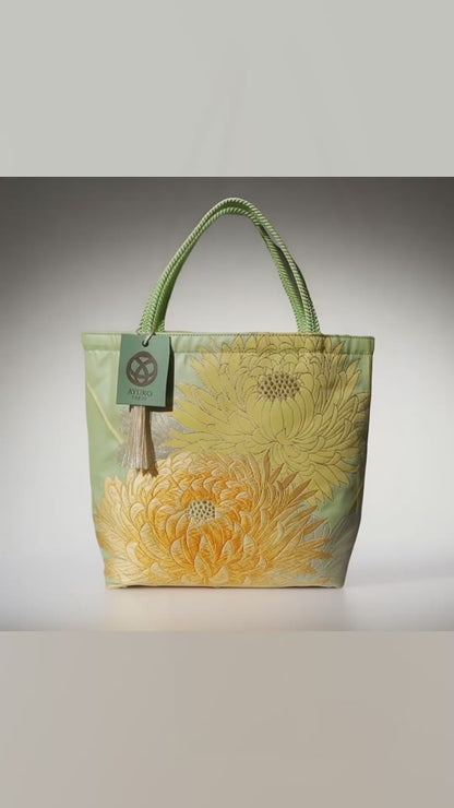 Vintage Fukuro Obi Mini Tote Bag — Branching Peony in Yellow-Green Silk