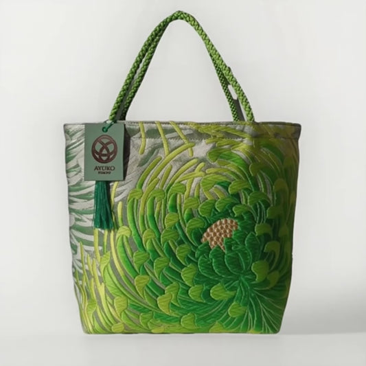 Rangiku 乱菊 Chrysanthemum Vintage Obi Silk Tote in Green Silver