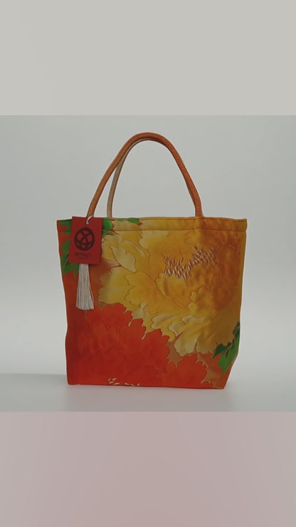 Vintage Fukuro Obi Mini Tote Bag — Orange & Yellow Peony Silk Tote