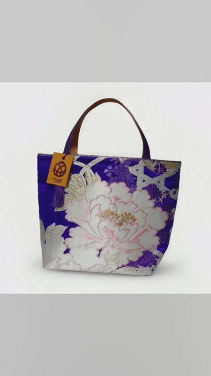 Vintage Fukuro Obi Mini Tote Bag — Royal Purple Peony Silk