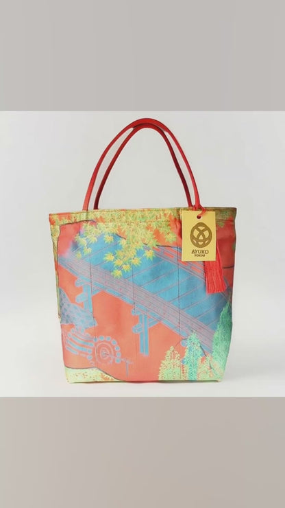 Vintage Fukuro Obi Mini Tote Bag — Bridge & Maple Landscape on Red Silk
