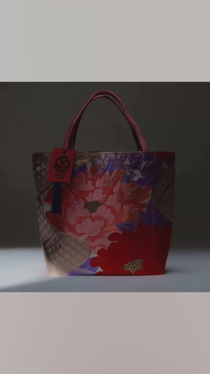 Vintage Fukuro Obi Mini Tote Bag — Pink & Purple Peony Silk