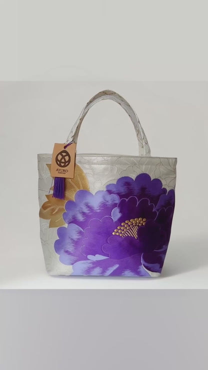 Vintage Fukuro Obi Mini Tote Bag — Purple Peony on Silver Silk