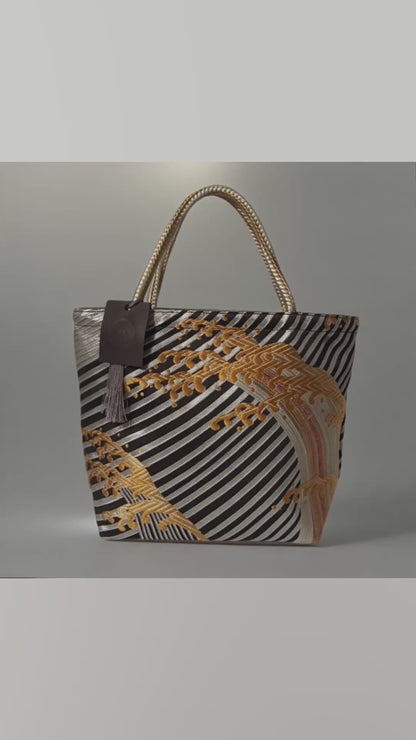 Vintage Fukuro Obi Mini Tote Bag — Gold Standing Wave on Black & Silver Silk