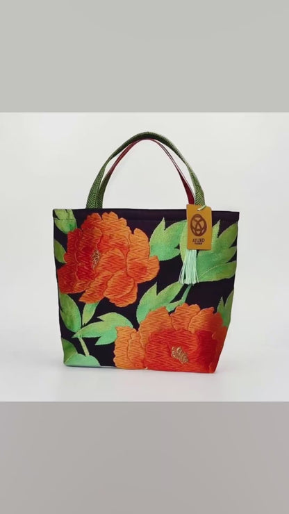 Vintage Fukuro Obi Mini Tote Bag — Orange Peony on Deep Navy Silk